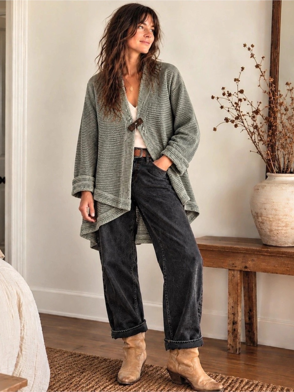 Focus Casual Life Gray Waffle Knit Kimono  Toggle Boho Artist Smock Jacket M